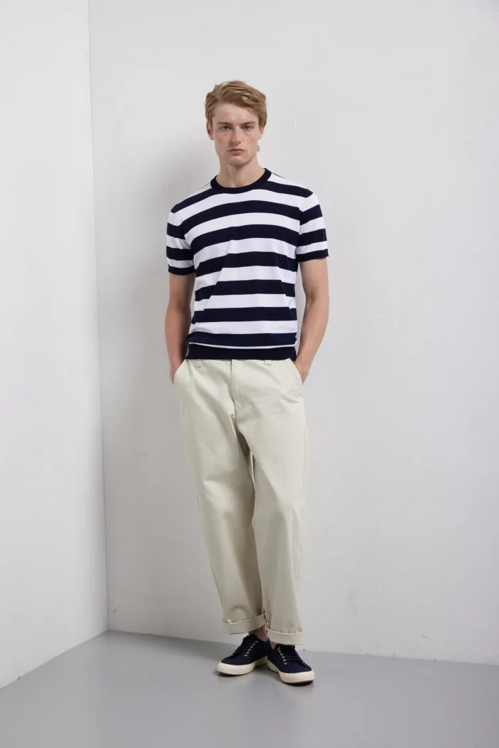 Short-sleeve crew-neck sweater with bold stripes.