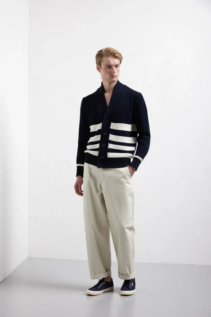 Long-sleeve striped cardigan in links stitch with buttons.<br/> <br/> <br/>