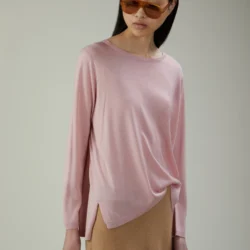 Maglia girocollo in seta e cashmere con spacchi laterali - Thumbnail Image 2
